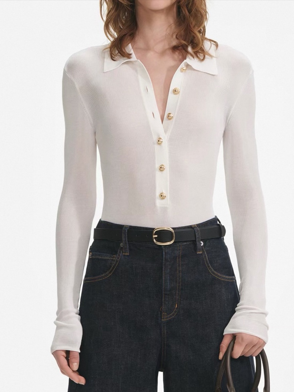 Cream Long-Sleeve Ribbed Polo Bodysuit